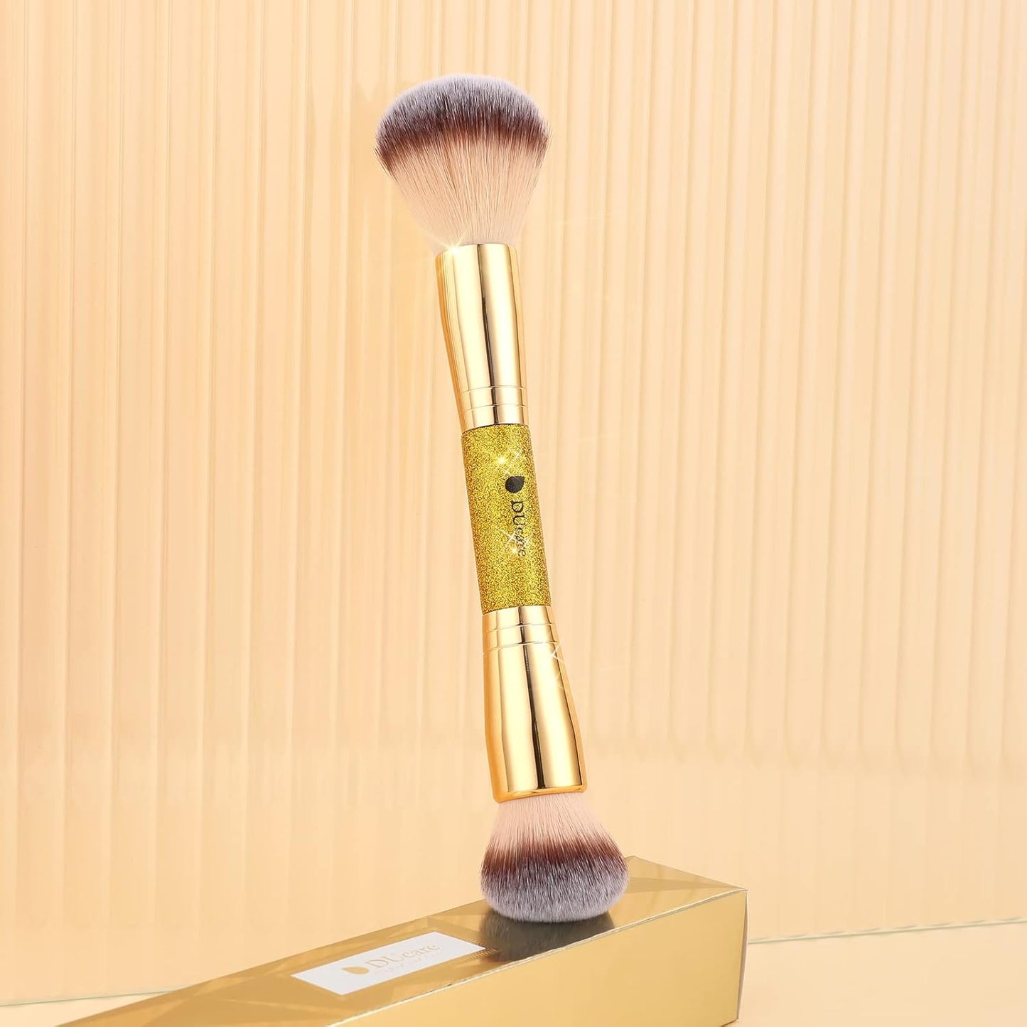 Dual End Powder Kabuki Makeup Brush Gold Glitter Vegan Synthetic for Liquid Cream Setting Powder