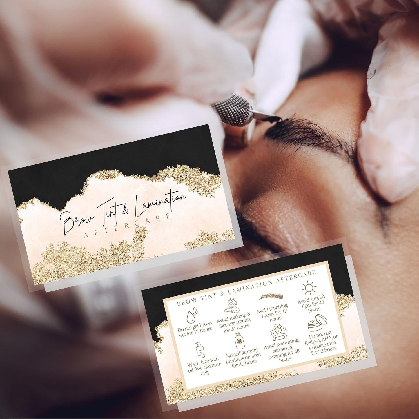 Brow Tint and Lamination Aftercare Instruction Cards | 50 Pack | Gold Pink Watercolor Foil for Kit Henna Client Cards Eyebrow Kit Handout with Intake Forms Business Card 2X3.5” Each