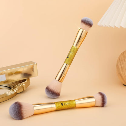 Dual End Powder Kabuki Makeup Brush Gold Glitter Vegan Synthetic for Liquid Cream Setting Powder