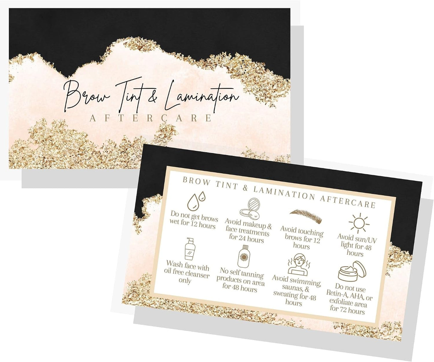 Brow Tint and Lamination Aftercare Instruction Cards | 50 Pack | Gold Pink Watercolor Foil for Kit Henna Client Cards Eyebrow Kit Handout with Intake Forms Business Card 2X3.5” Each