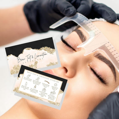 Brow Tint and Lamination Aftercare Instruction Cards | 50 Pack | Gold Pink Watercolor Foil for Kit Henna Client Cards Eyebrow Kit Handout with Intake Forms Business Card 2X3.5” Each