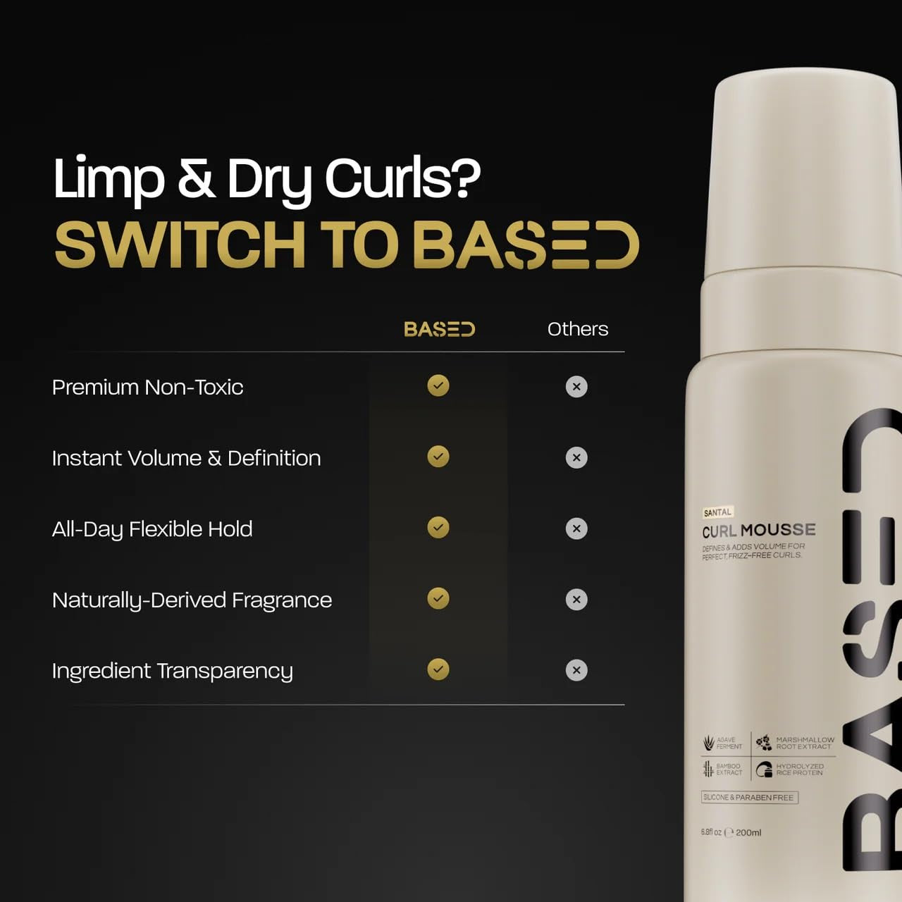 BASED Curl Mousse - Instant Volume & Definition with Flexible Hold - Lightweight Formula with Agave & Rice Protein - Non-Toxic, Silicone Free for All Curl Types (6.8 Fl Oz, Pack of 1)