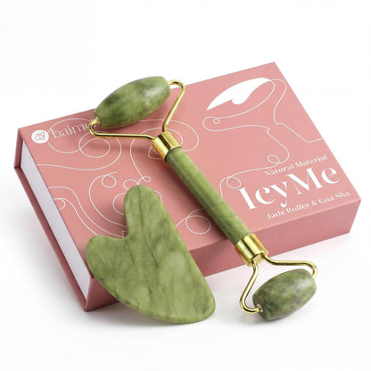 Icyme Jade Face Roller & Gua Sha, Facial Beauty Skin Care Tools, Self Care Gift for Men Women, Massager for Face, Eyes, Neck, Relieve Fine Lines and Wrinkles - Green
