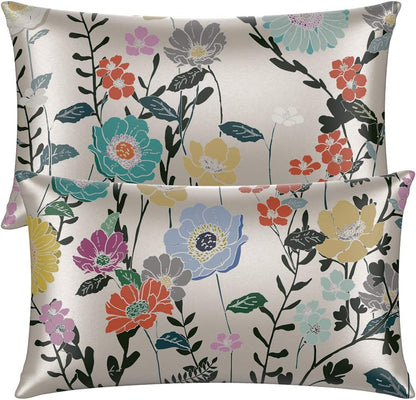 Satin Pillowcase for Hair and Skin. Wrinkle, Fade Resistant. Queen Size Pillowcases Set of 2. Satin Pillow Cases for Women. Silky Floral Pillowcase with Envelope Closure 20X30