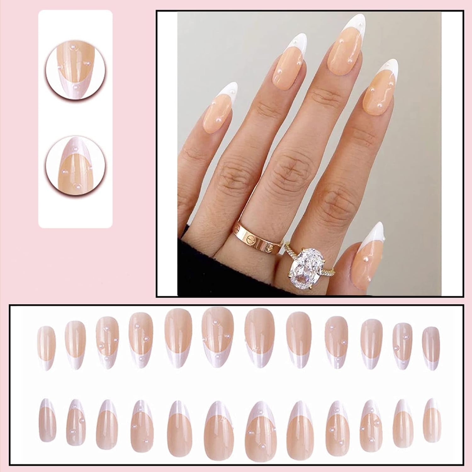 Almond Press on Nails，Almond Shape Press on Nails，Almond Nails Press On，Press on Nails Short Almond，White French Tip Fake Nails Pearl Design Almond Nails for Women Girls 24Pcs
