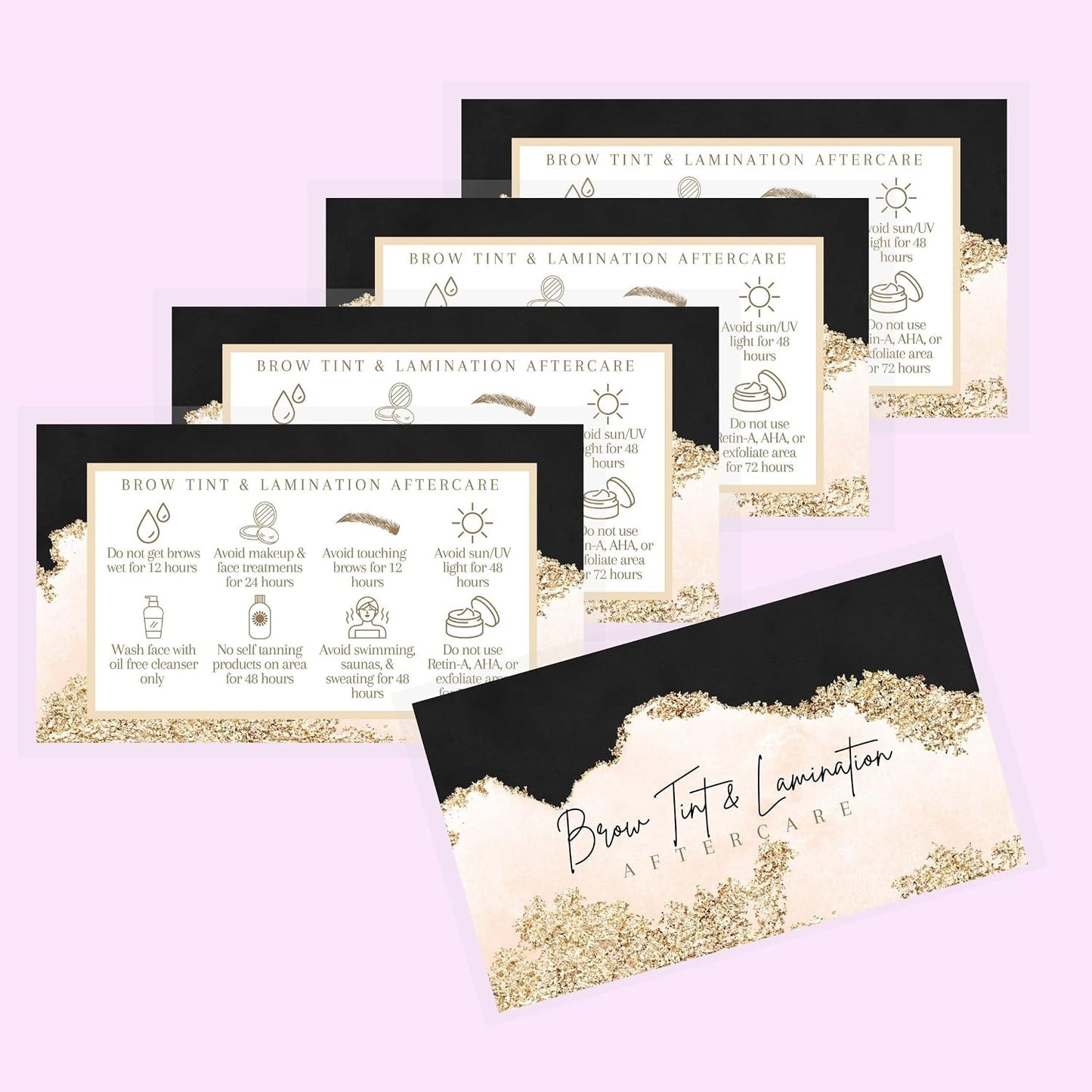 Brow Tint and Lamination Aftercare Instruction Cards | 50 Pack | Gold Pink Watercolor Foil for Kit Henna Client Cards Eyebrow Kit Handout with Intake Forms Business Card 2X3.5” Each