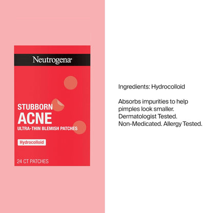 Neutrogena Stubborn Acne Patches, Hydrocolloid Absorbs Impurities Ultra-Thin Pimple Patches Work Overnight, 24 Ct
