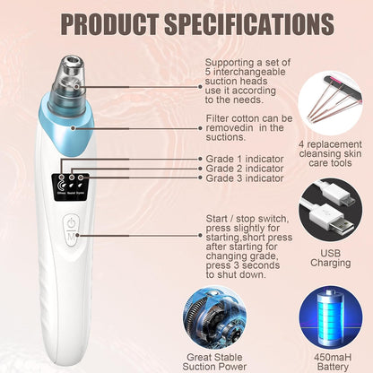 2026 Blackhead Remover Pore Vacuum,Facial Pore Cleaner-5 Suction Power,5 Probes,Usb Rechargeable Blackhead Vacuum Kit Electric Pore Vacuum Tool for Adult