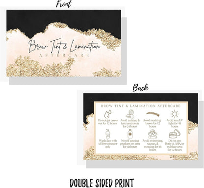 Brow Tint and Lamination Aftercare Instruction Cards | 50 Pack | Gold Pink Watercolor Foil for Kit Henna Client Cards Eyebrow Kit Handout with Intake Forms Business Card 2X3.5” Each