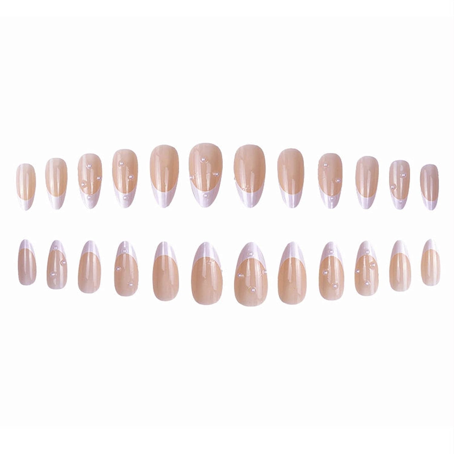 Almond Press on Nails，Almond Shape Press on Nails，Almond Nails Press On，Press on Nails Short Almond，White French Tip Fake Nails Pearl Design Almond Nails for Women Girls 24Pcs