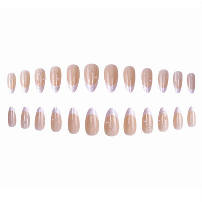 Almond Press on Nails，Almond Shape Press on Nails，Almond Nails Press On，Press on Nails Short Almond，White French Tip Fake Nails Pearl Design Almond Nails for Women Girls 24Pcs