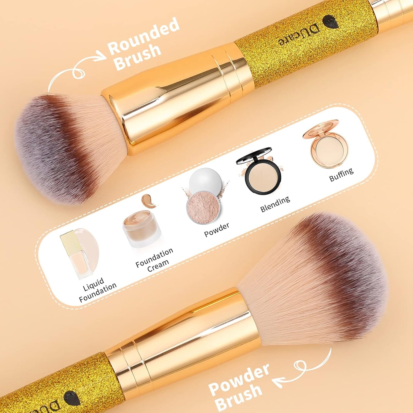 Dual End Powder Kabuki Makeup Brush Gold Glitter Vegan Synthetic for Liquid Cream Setting Powder