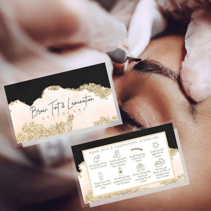 Brow Tint and Lamination Aftercare Instruction Cards | 50 Pack | Gold Pink Watercolor Foil for Kit Henna Client Cards Eyebrow Kit Handout with Intake Forms Business Card 2X3.5” Each