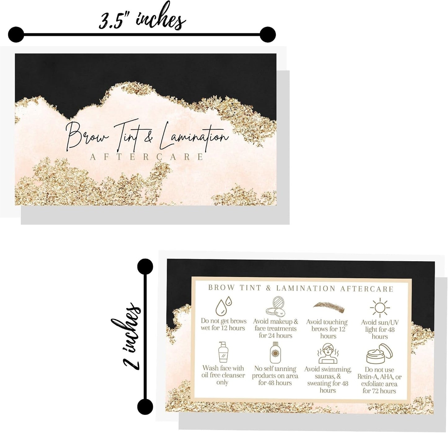 Brow Tint and Lamination Aftercare Instruction Cards | 50 Pack | Gold Pink Watercolor Foil for Kit Henna Client Cards Eyebrow Kit Handout with Intake Forms Business Card 2X3.5” Each