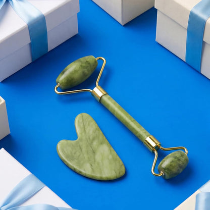 Icyme Jade Face Roller & Gua Sha, Facial Beauty Skin Care Tools, Self Care Gift for Men Women, Massager for Face, Eyes, Neck, Relieve Fine Lines and Wrinkles - Green