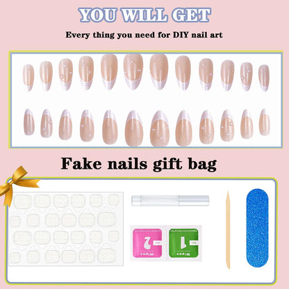 Almond Press on Nails，Almond Shape Press on Nails，Almond Nails Press On，Press on Nails Short Almond，White French Tip Fake Nails Pearl Design Almond Nails for Women Girls 24Pcs