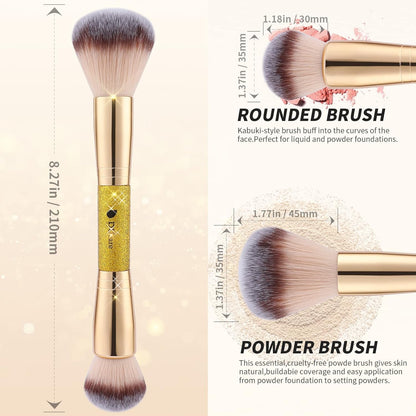 Dual End Powder Kabuki Makeup Brush Gold Glitter Vegan Synthetic for Liquid Cream Setting Powder